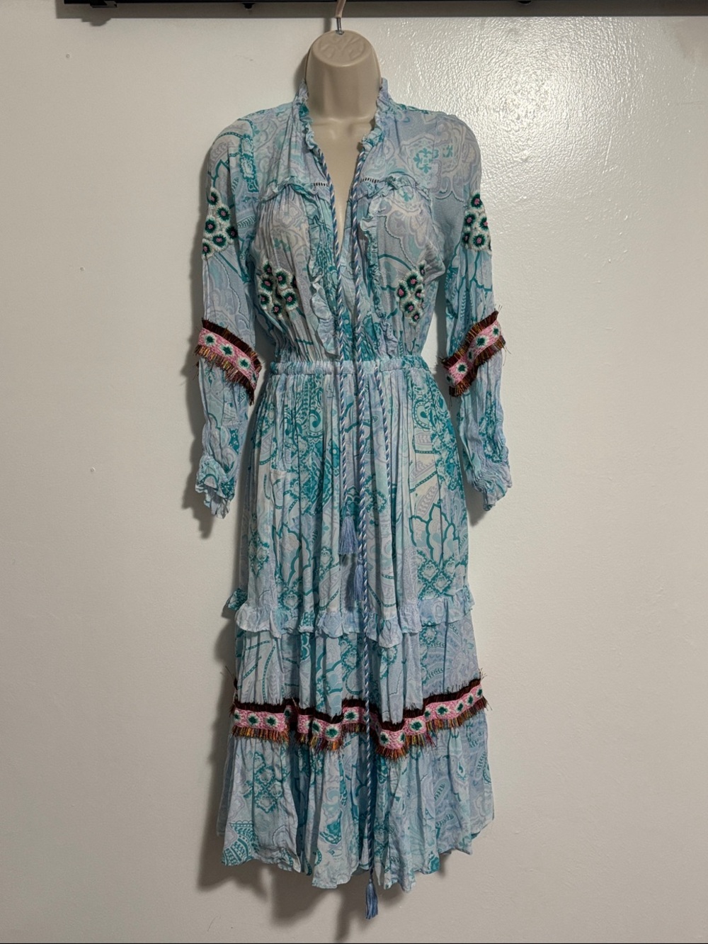TAJ by Sabrina Crippa Pale Blue Midi Dress with Multicolor Embroidery size S